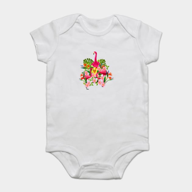 Flamingo Flock Tropical Floral, Birds Baby Bodysuit by logiamerch